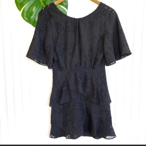 Open Back Black Cocktail Mini Dress Small Sheer Burnout Lace Ruffle LBD Boutique - Picture 5 of 10